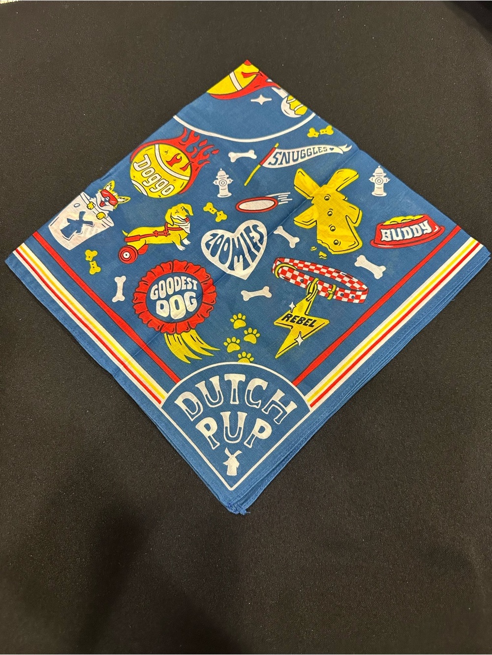 Dutch Bros Blue Dog Bandana with Yellow & Red Puppy Icons